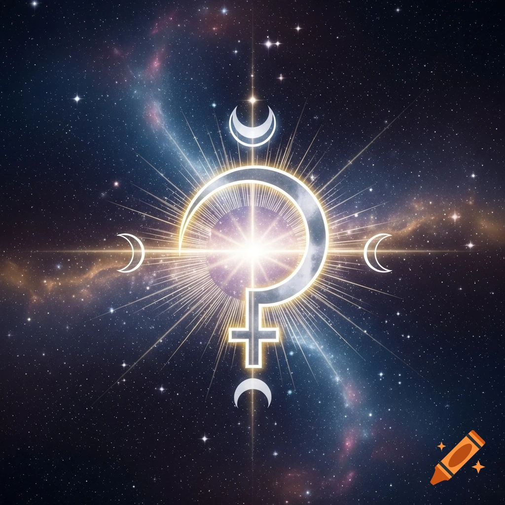 A glowing, stylized astronomical symbol with a central circle and cross, surrounded by crescent moons and starbursts in a cosmic sky.