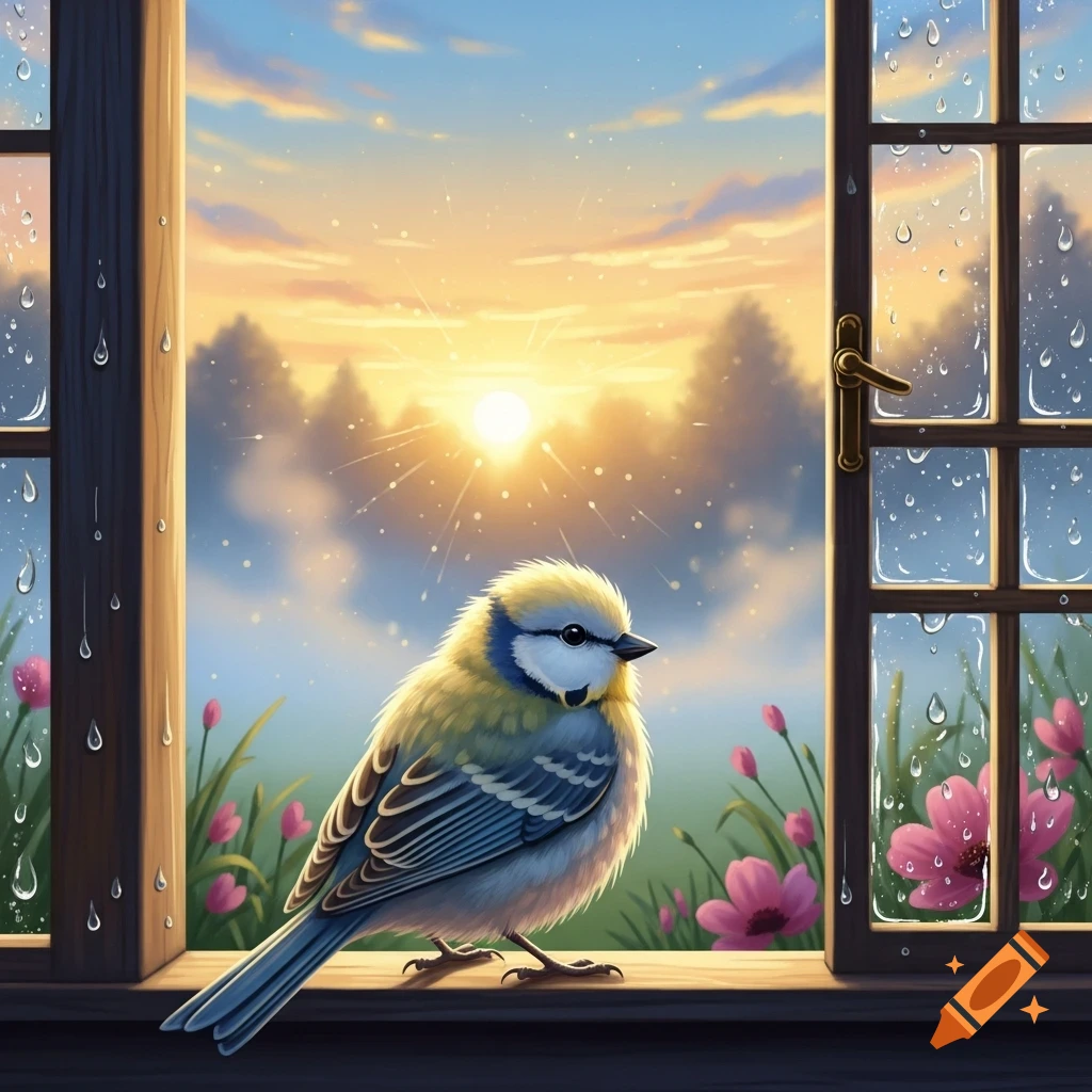 A cute blue and yellow bird perches on a wooden window sill, gazing at a vibrant sunrise through a rain-streaked window.
