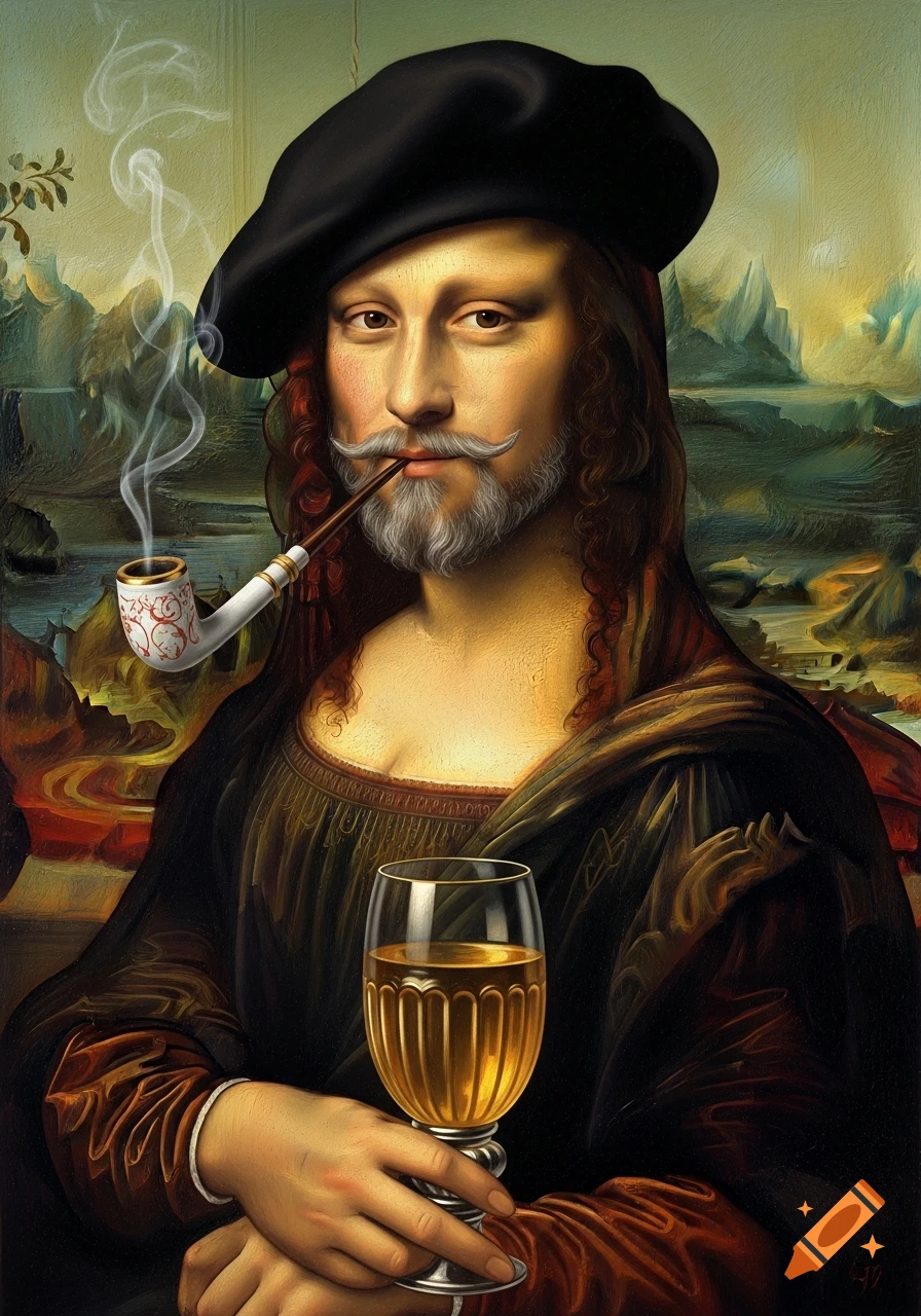 A bearded Mona Lisa, wearing a black beret, smoking a pipe, and holding a ribbed glass of apple wine in a classical painting style.