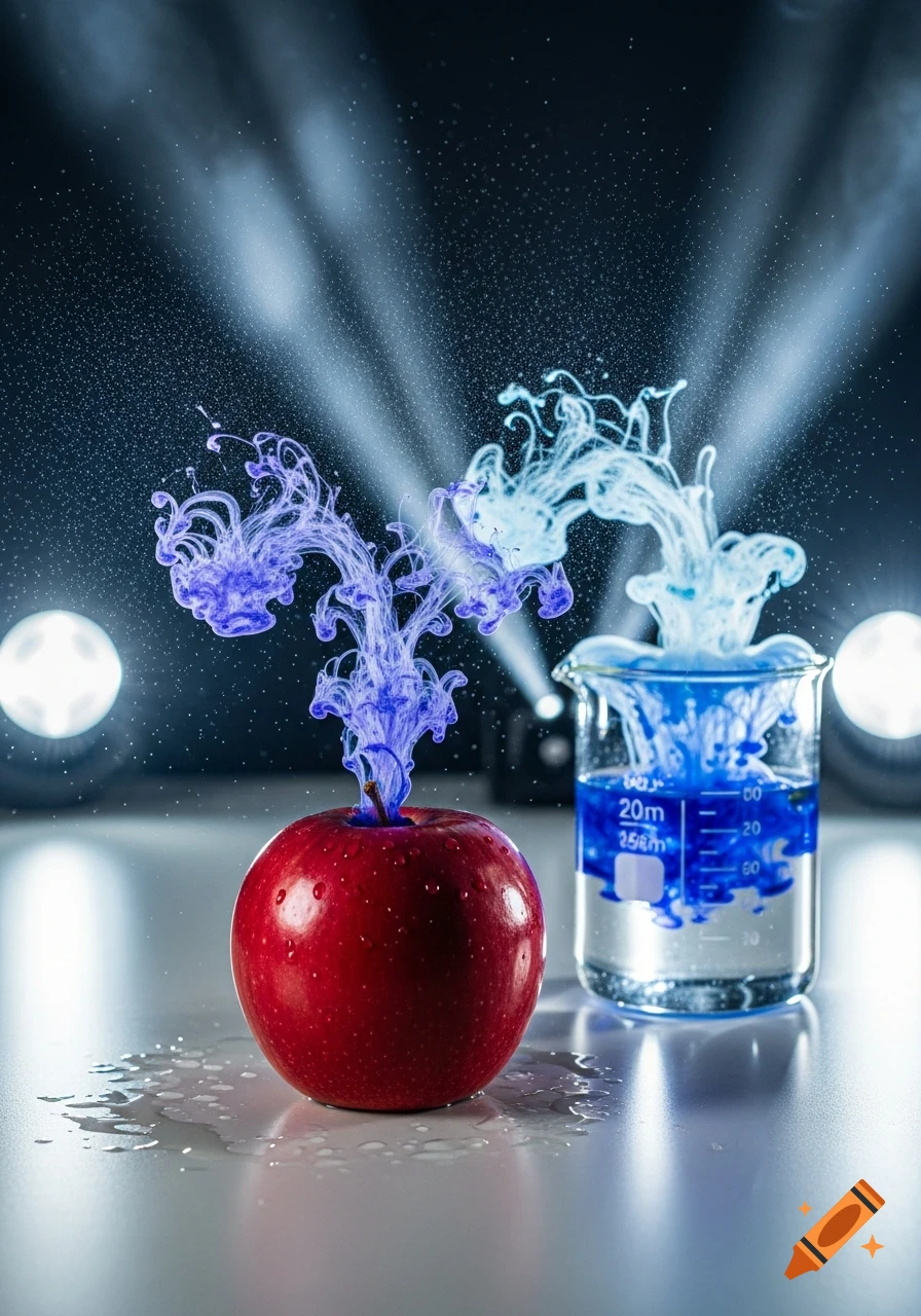 A red apple and a beaker with water on a table, both showing blue/purple liquid dispersing in an artistic scientific experiment.
