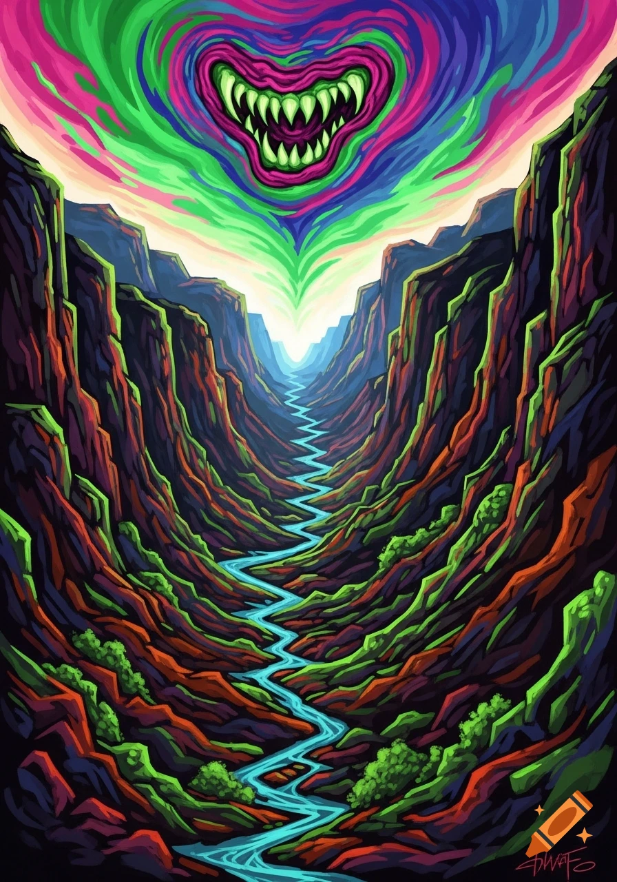 Psychedelic expressionist painting of a canyon with a winding river and a green monster mouth in the colorful, swirling sky.