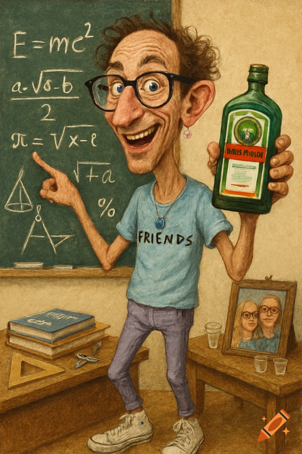 A skinny, exaggerated caricature of a math professor with glasses, pointing at a blackboard with equations while holding a bottle of Jägermeister, wearing a "FRIENDS" shirt.