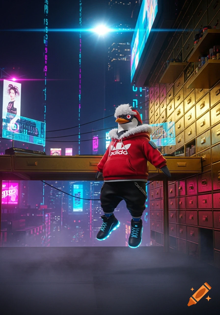 A stylized cyberpunk penguin in a red hoodie and glowing sneakers hovers in a neon-lit futuristic city with a giant desk.