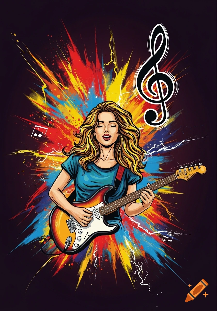 Pop art illustration of a blonde woman playing an electric guitar amidst vibrant abstract paint splashes and musical notes.
