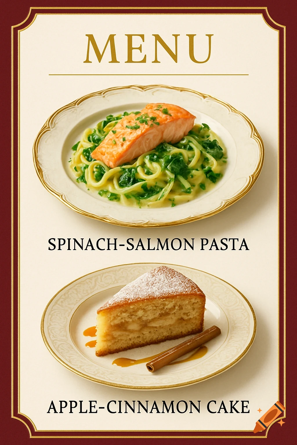 Elegant menu featuring spinach-salmon pasta and a slice of apple-cinnamon cake, presented on decorative plates.
