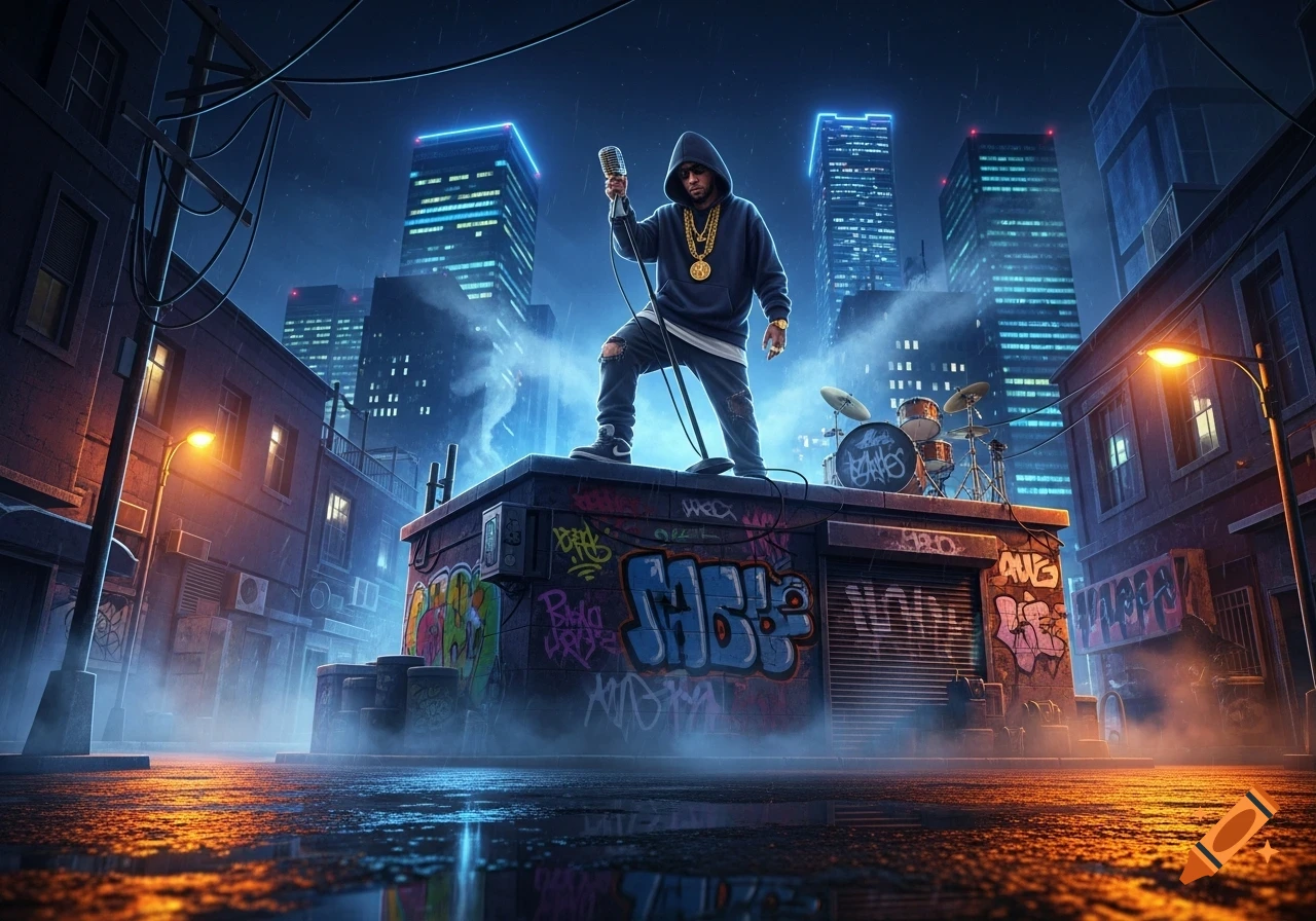 A rapper in a hoodie and gold chain stands on a graffiti-covered rooftop in a dark, neon-lit city at night, holding a microphone, with a drum kit nearby.