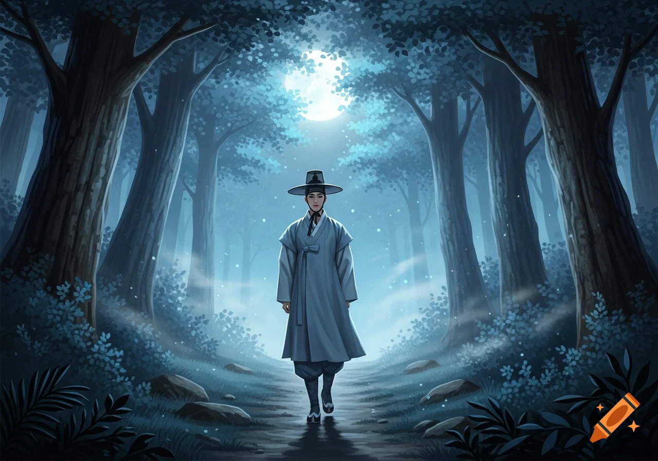 Young Korean scholar in traditional attire and hat walks a moonlit path through a mystical forest, illustration.