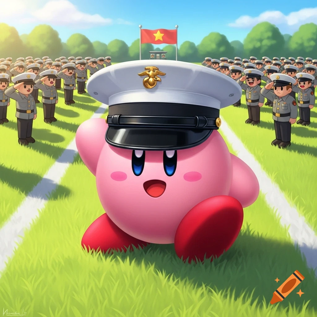 Kirby wearing a Marine officer's hat saluting, standing in a grassy field with cartoon soldiers and a Vietnamese flag.