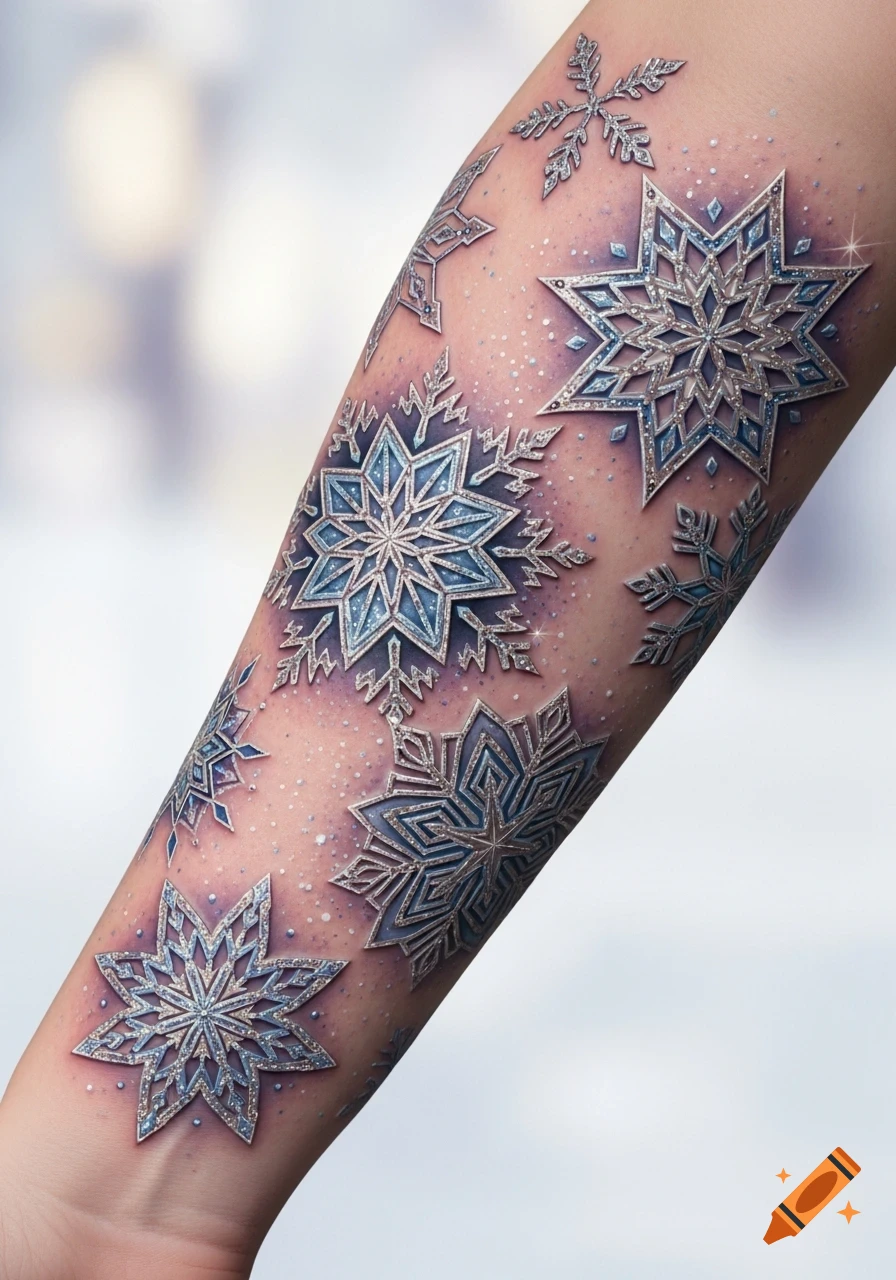 An arm adorned with intricate, glittery silver and blue snowflake tattoos, some appearing 3D.