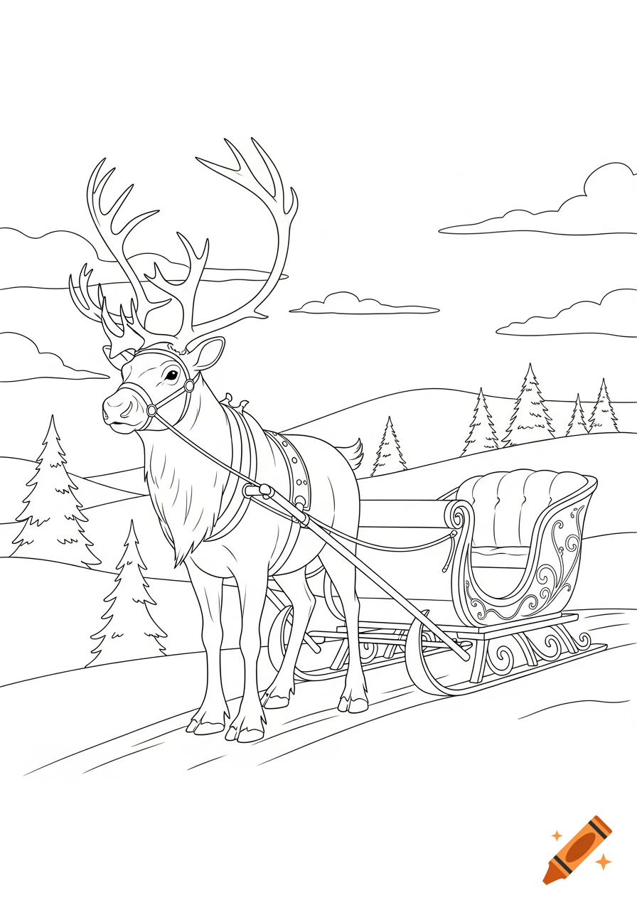 Line art coloring page of a reindeer with large antlers pulling a decorative sled through a snowy winter landscape.