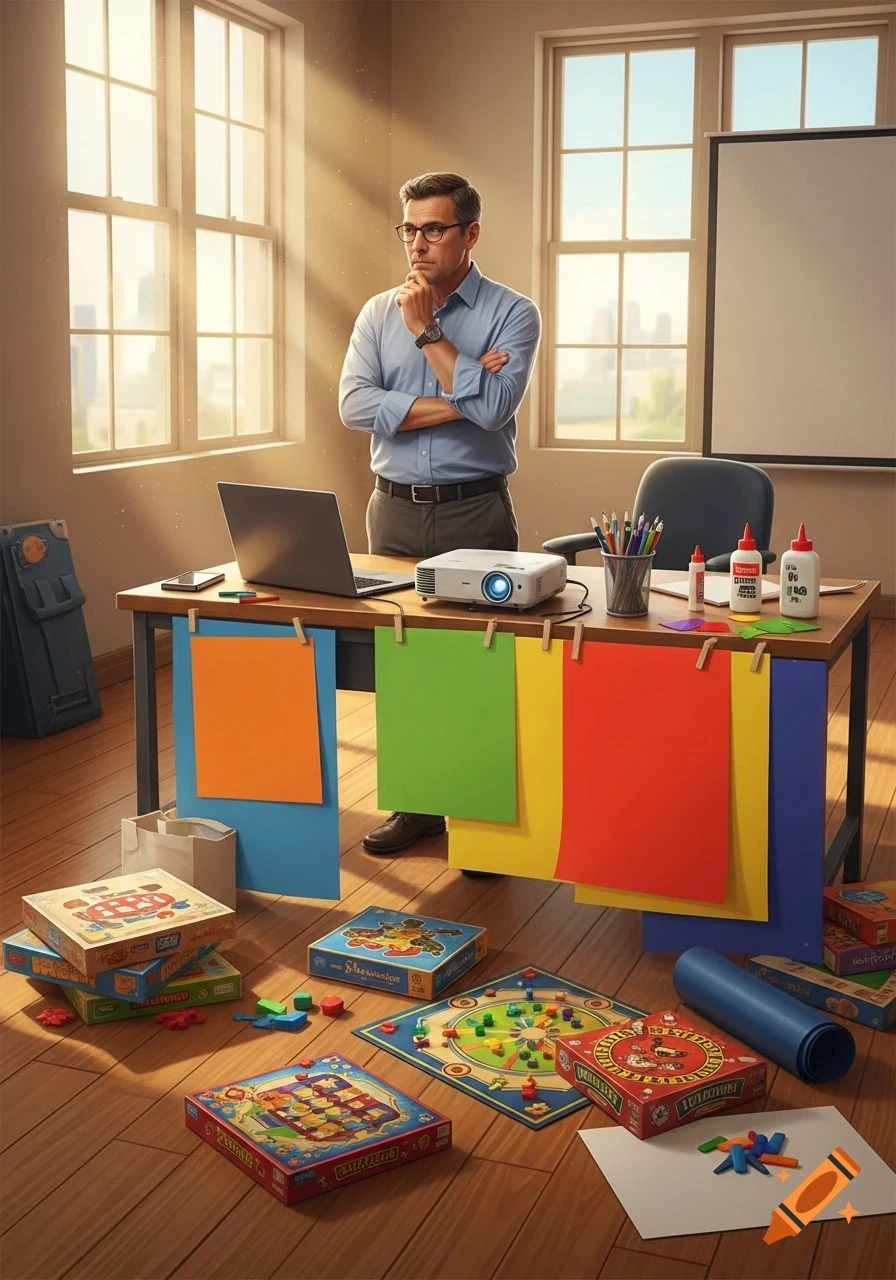 A male teacher in a sunlit classroom stands thoughtfully behind a desk with a laptop and projector, surrounded by colorful craft paper and board games on the floor.