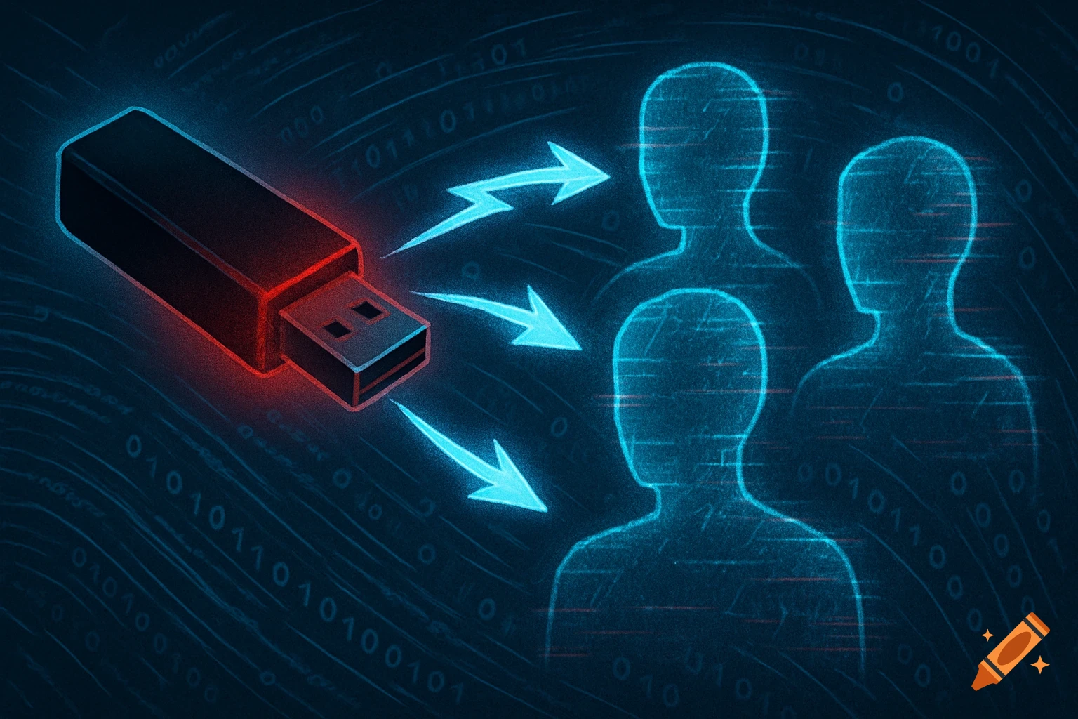 A red USB stick with glowing edges points blue arrows toward three glowing blue human silhouettes on a dark blue background with binary code.
