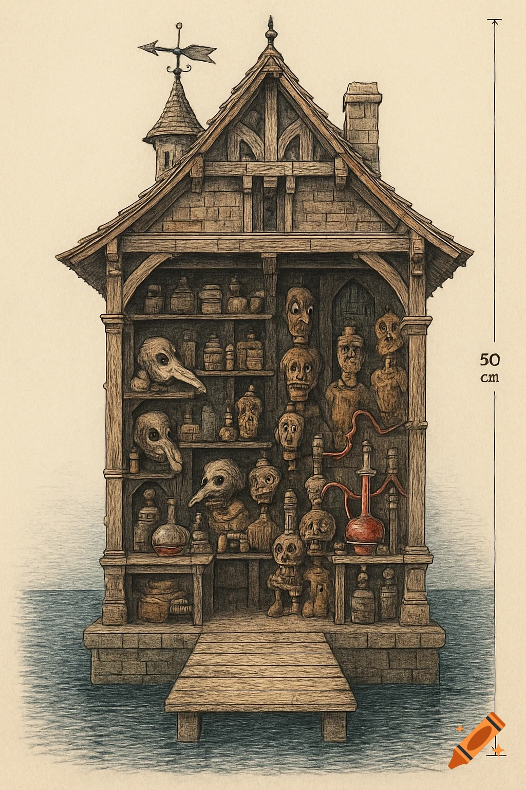 Detailed illustration of an open-fronted, medieval-style stilt house on water, revealing shelves with plague doctor masks, skulls, and grotesque wooden figures, with '50 cm' measurement shown.