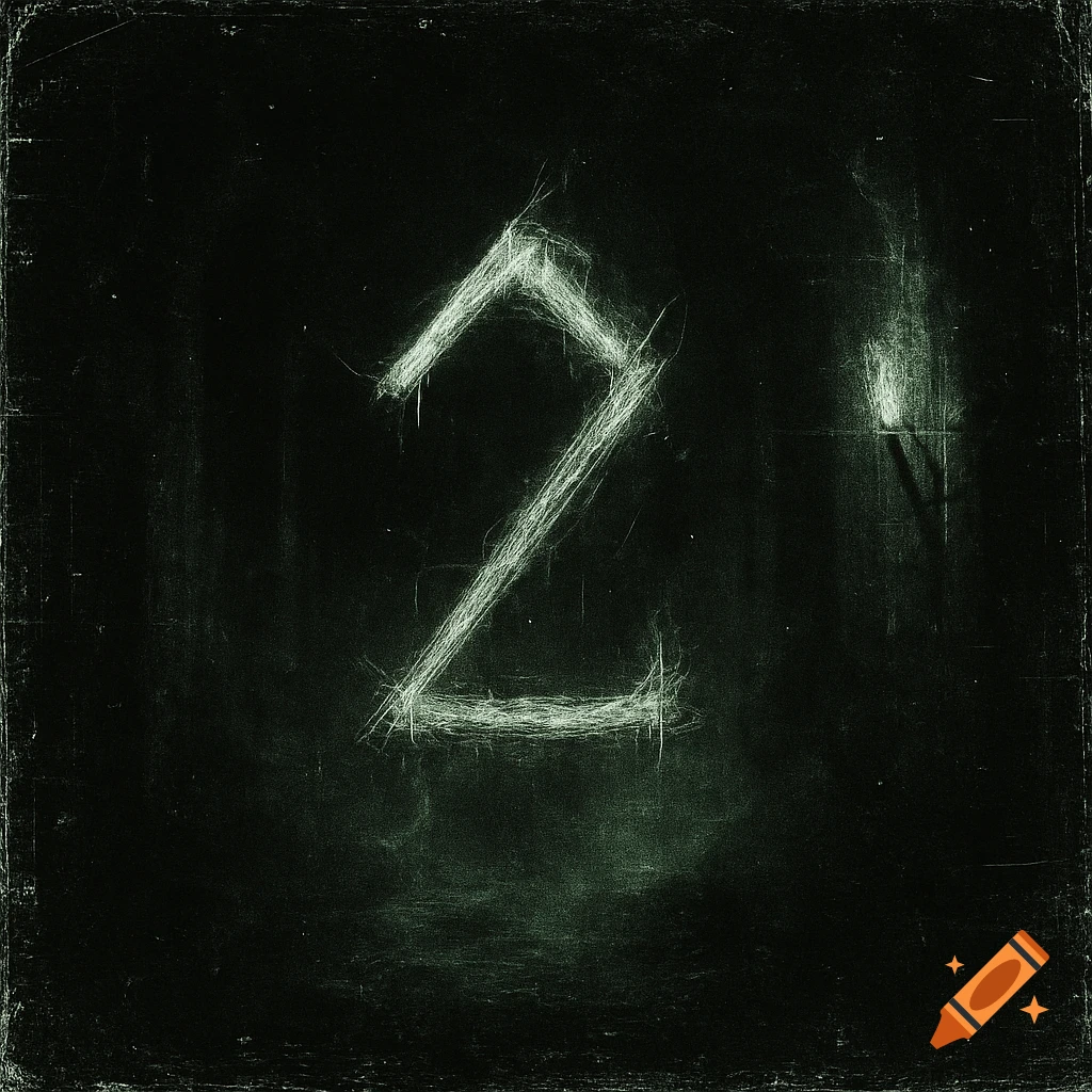 A dark, gritty, distressed image featuring a scratched or glowing stylized number 2 on a textured black background.