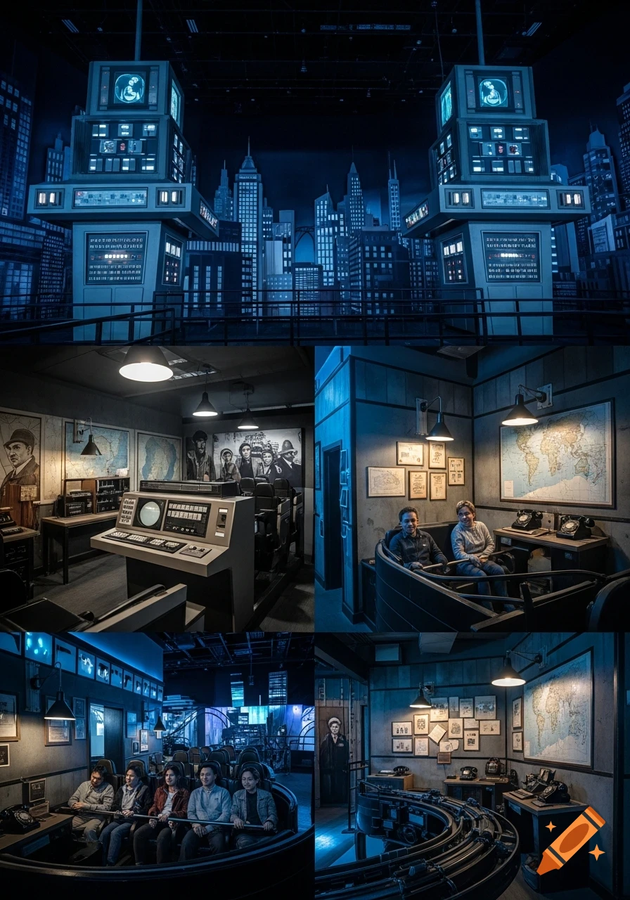 A dark, dramatic interior shot of a Cold War-themed ride with passengers in boats, surrounded by control rooms, maps, and a cityscape backdrop.