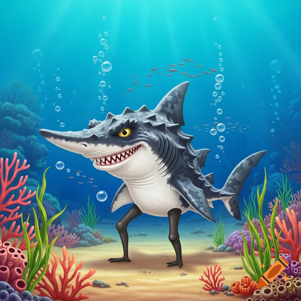 A smiling cartoon goblin shark with legs stands on the sandy seabed among colorful coral and seaweed, with small fish and bubbles in the blue ocean.
