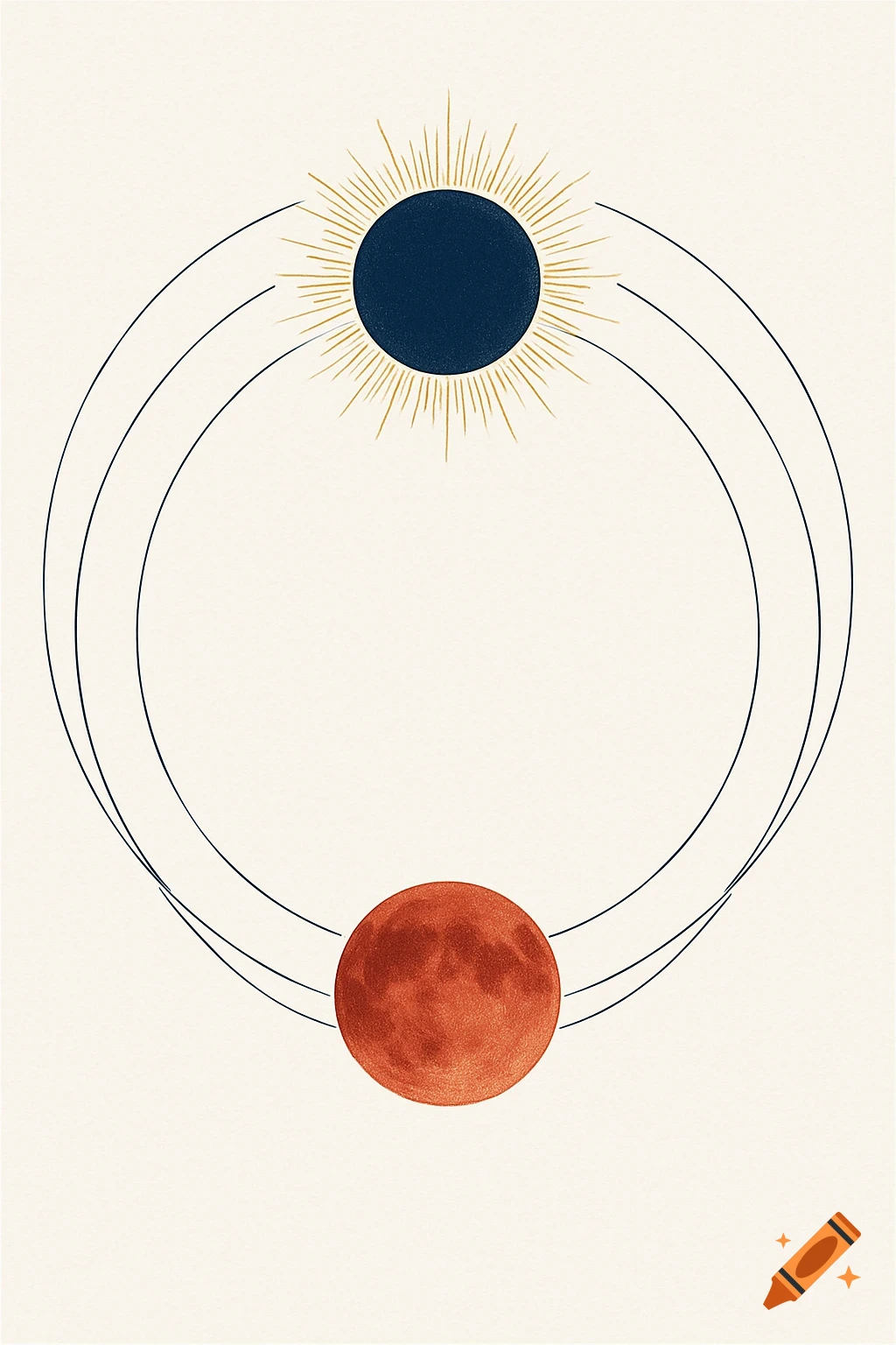 Minimalist celestial diagram featuring a dark blue sun with gold rays, a red moon, and curved orbital lines on a cream background.