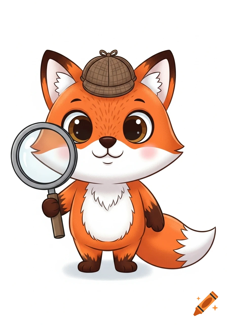 A friendly cartoon fox detective stands upright, wearing a hat and holding a magnifying glass, with orange fur and a warm smile on a white background.
