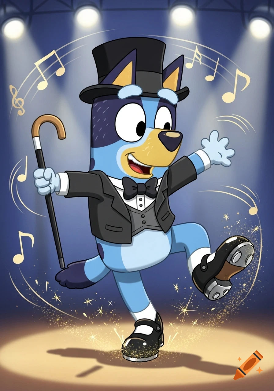 Bluey tap dancing on a spotlight stage, wearing a black top hat, tuxedo, and tap shoes, holding a cane, with musical notes.