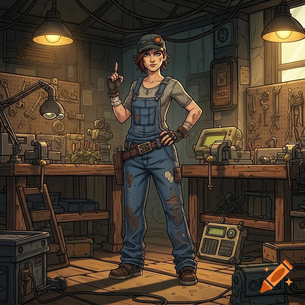 Stylized illustration of a female mechanic in blue overalls and a hat, standing in a cluttered workshop.