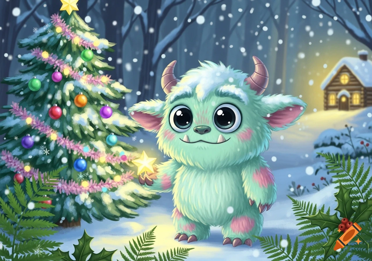 A cute, mint-green fluffy monster with horns holds a glowing star next to a decorated Christmas tree in a snowy forest with a cabin.