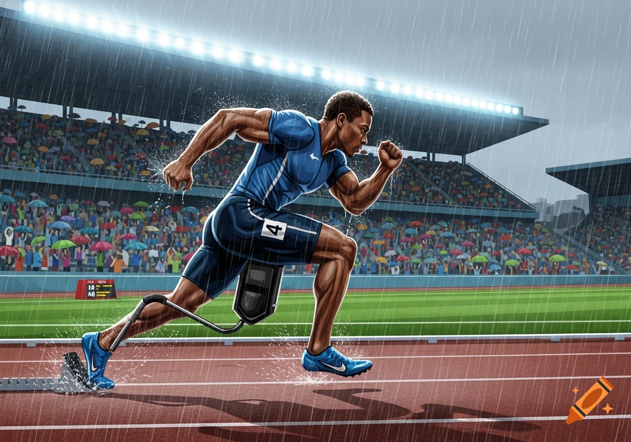 Stylized illustration of a Black para-athlete with a prosthetic leg running on a track in a rainy stadium, with spectators in the background.