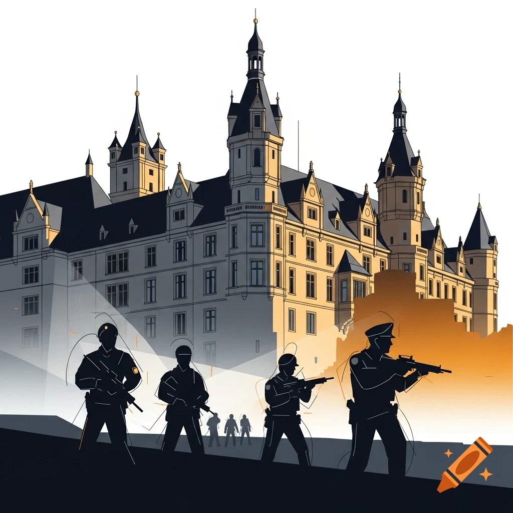 Abstract illustration of silhouetted police officers with rifles in front of a grand castle with multiple towers.
