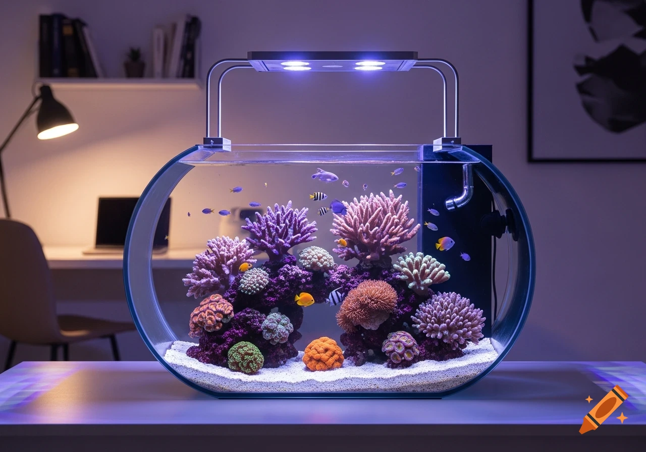 A photorealistic, uniquely designed desktop aquarium with vibrant coral and small colorful fish, lit from above, on a desk.