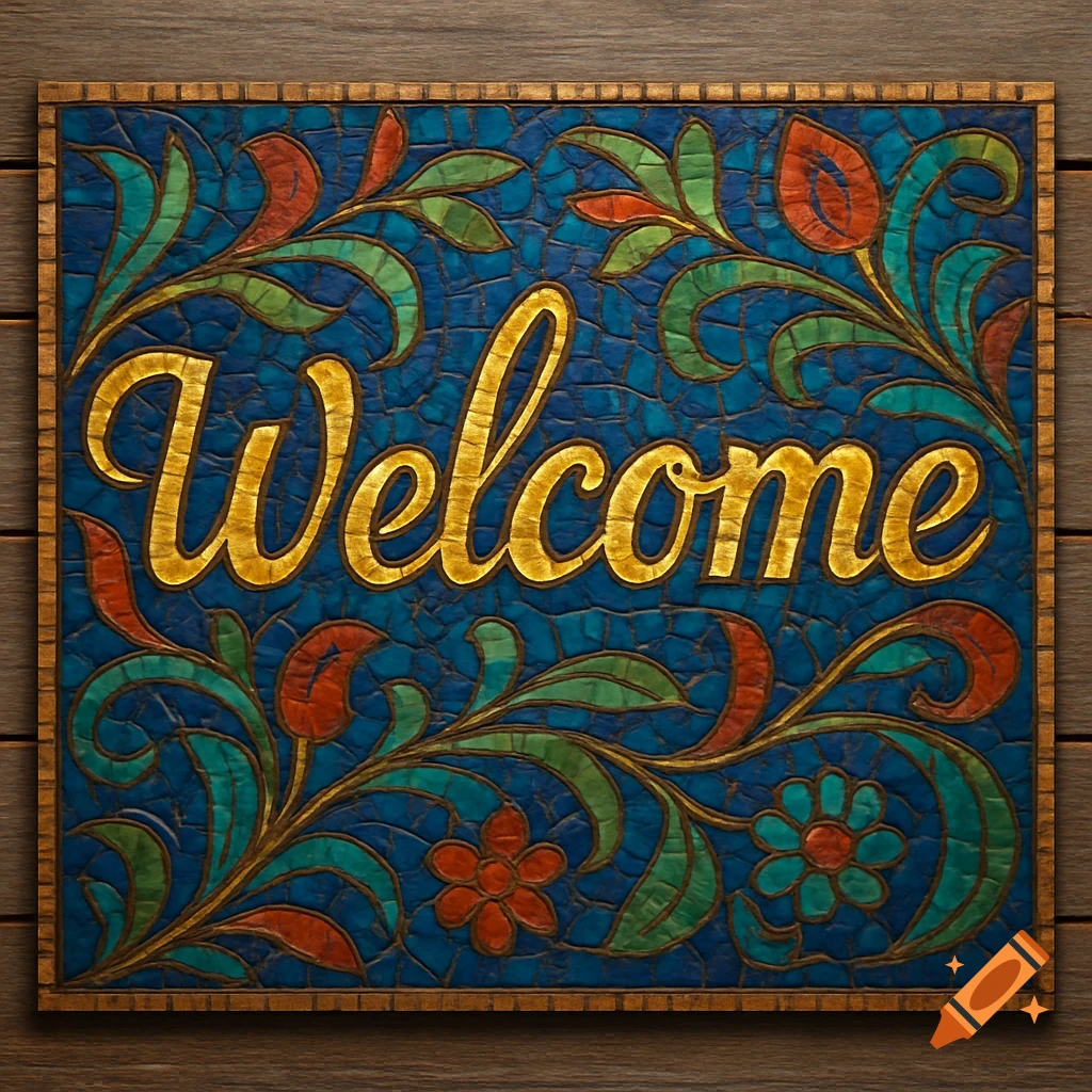 A decorative welcome sign featuring gold script text 'Welcome' on a blue mosaic background with colorful floral patterns.