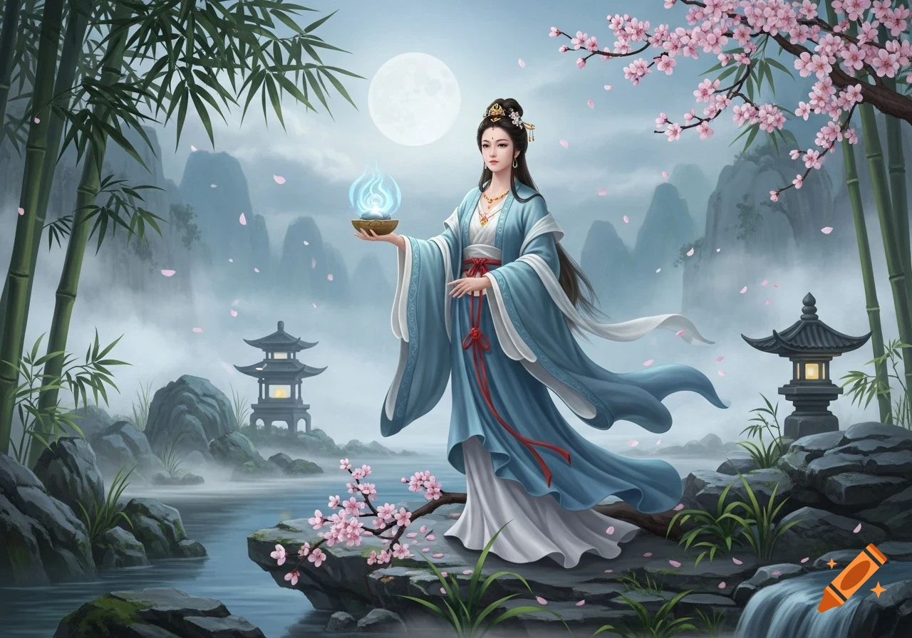A woman in a blue traditional gown holds a glowing blue flame, standing by a river with bamboo, cherry blossoms, and misty mountains under a full moon.