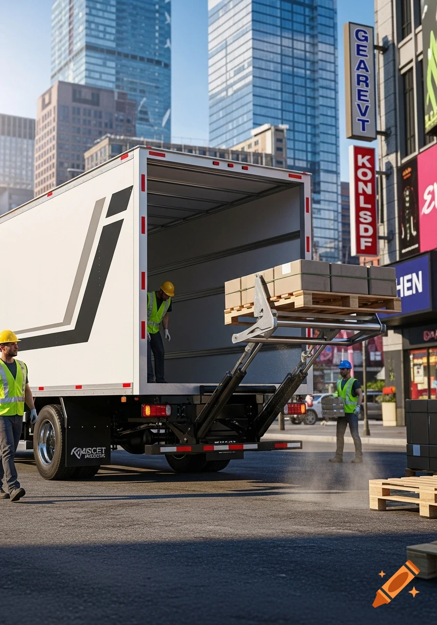 White delivery truck with an open rear ramp and workers loading pallets on a city street with tall buildings.