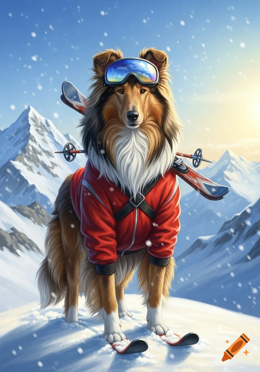 A majestic rough collie in a red ski jacket and goggles stands on skis in a snowy mountain landscape, illustration.