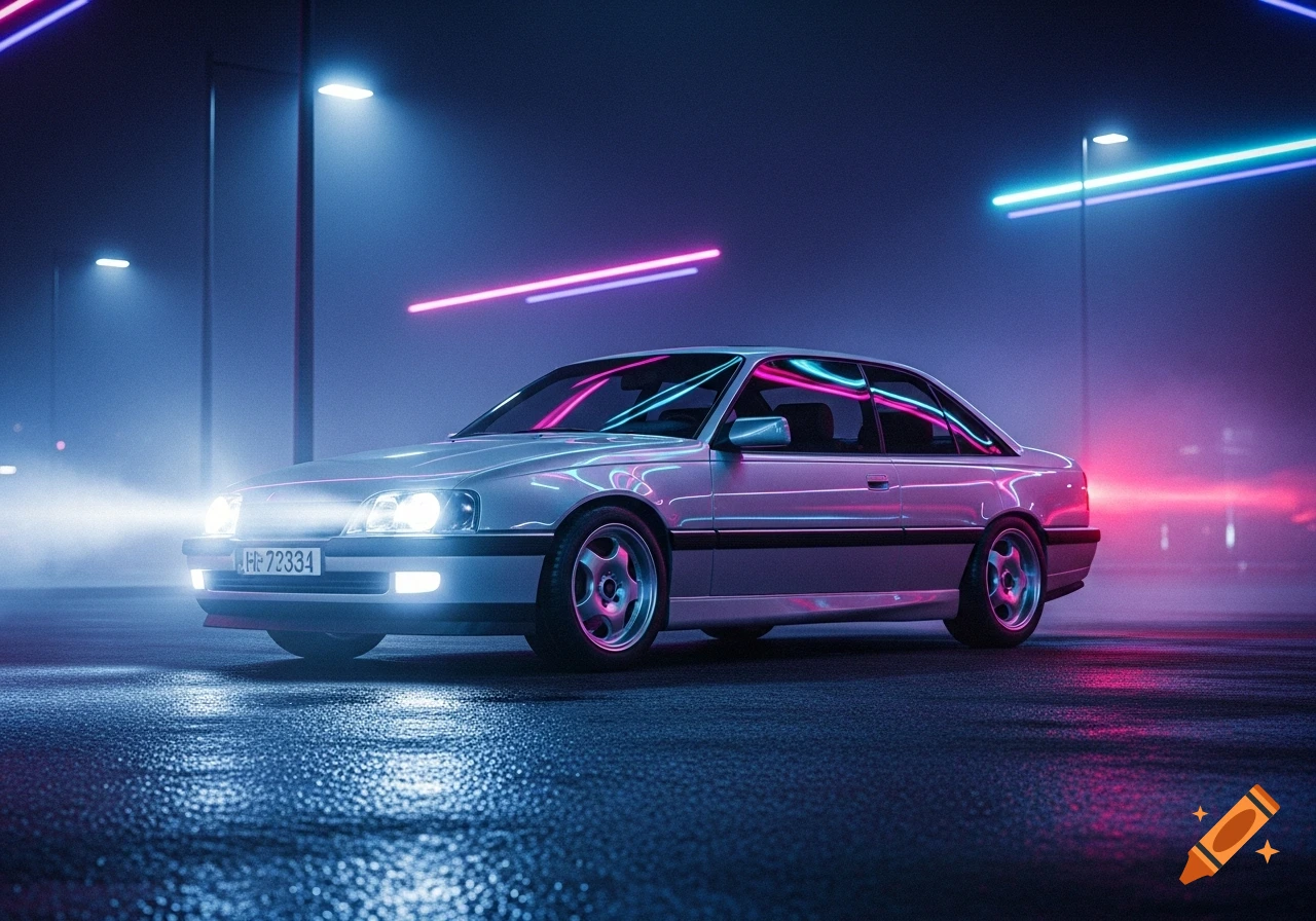 A silver car parked on wet asphalt under blue and pink neon lights at night, in a vaporwave aesthetic.