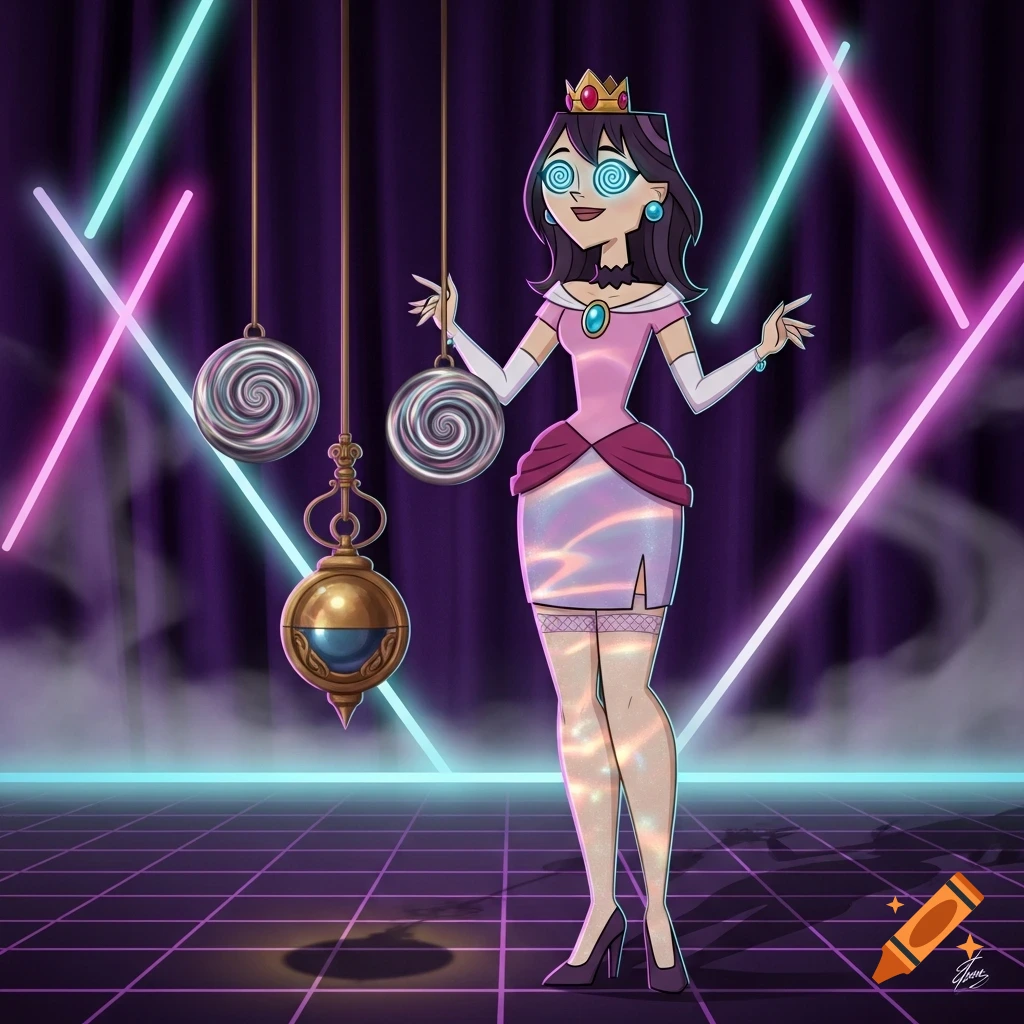 Cartoon character Gwen from Total Drama in a Princess Peach costume with spiral eyes, under hypnosis with pendulums, against a neon-lit 1980s grid background.