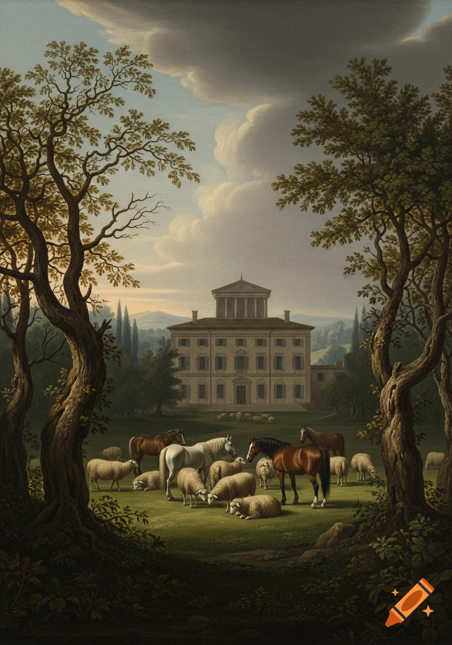 Classical painting of a grand villa surrounded by trees, with horses and sheep grazing in a green field under a cloudy sky.