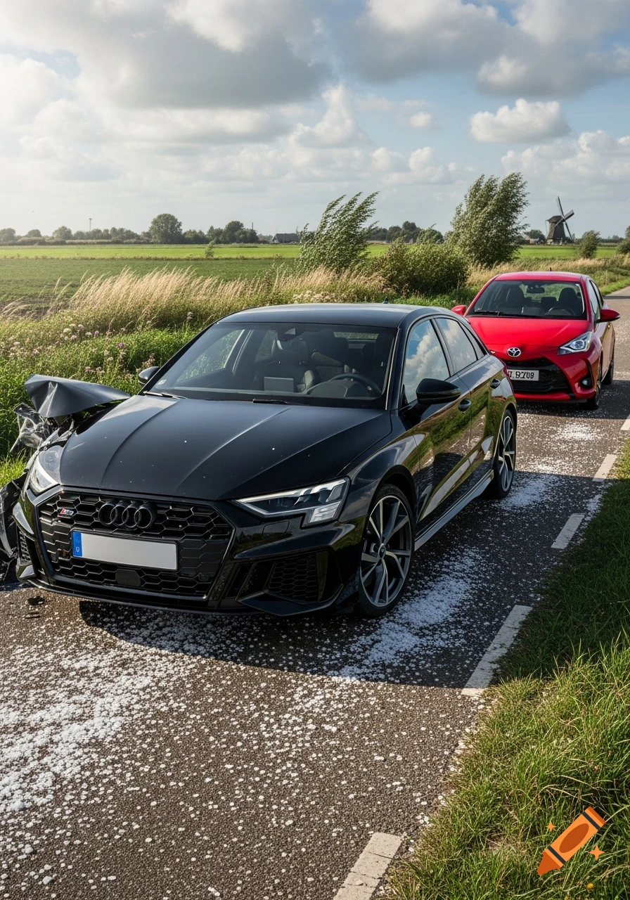 A damaged black Audi S3 and a red Toyota Yaris parked on a rural road covered in small white hail, with a windmill in the background under a cloudy sky.