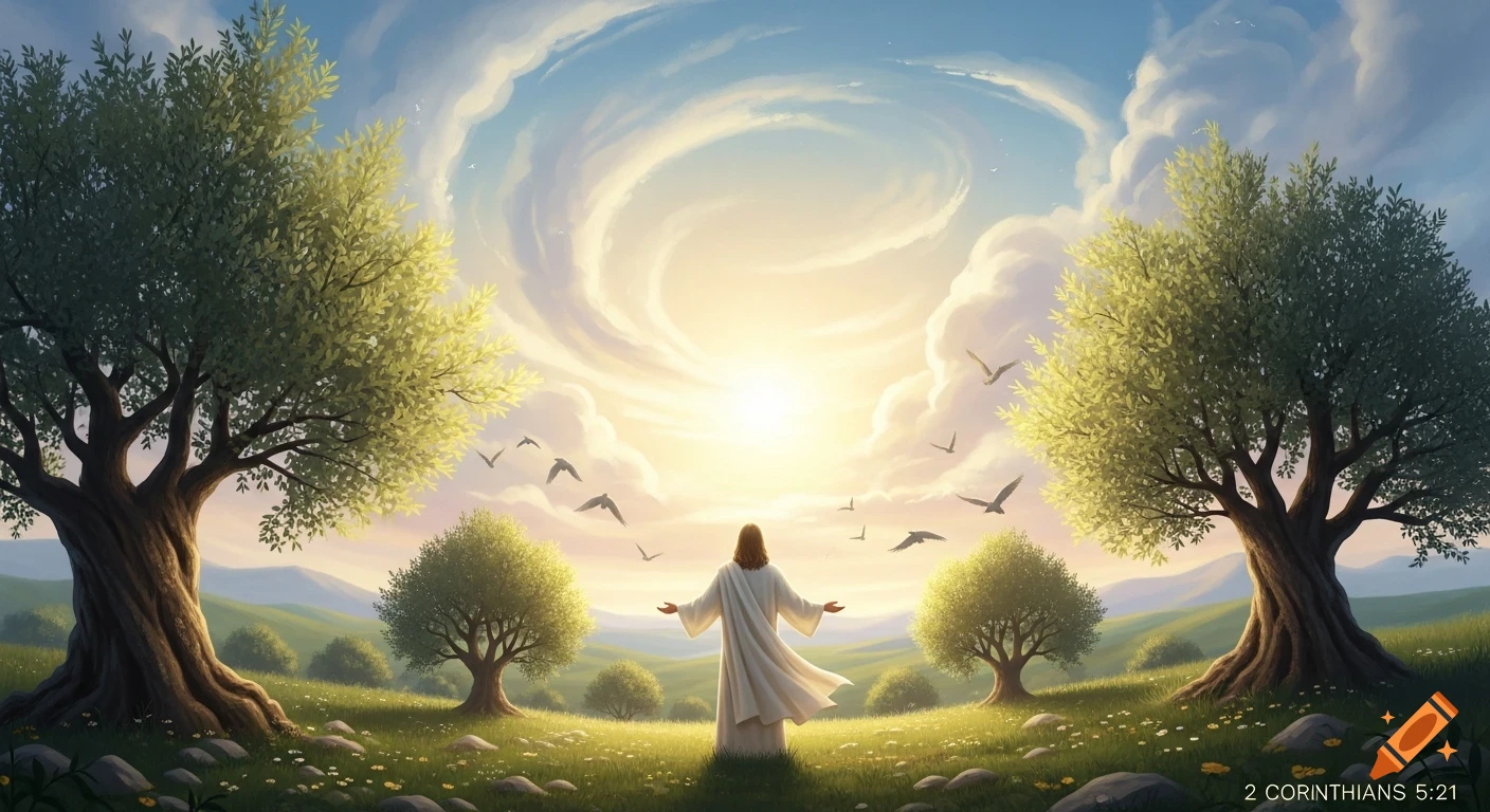 A figure resembling Jesus stands in a vibrant green field with arms outstretched towards a bright sun, framed by two large trees, with birds flying in a swirling sky.