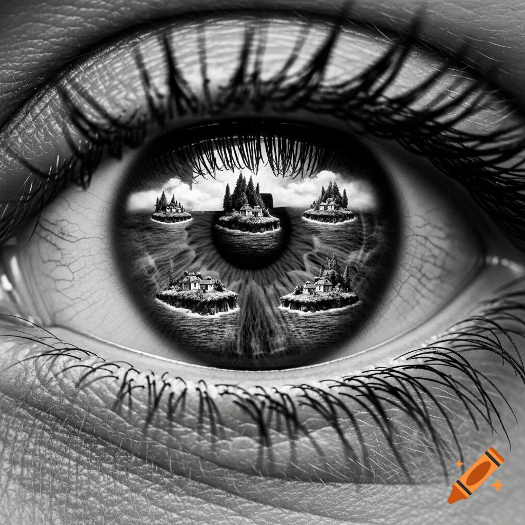 Close-up, black and white, surreal image of a human eye with several tree-covered islands and water reflected in the iris.