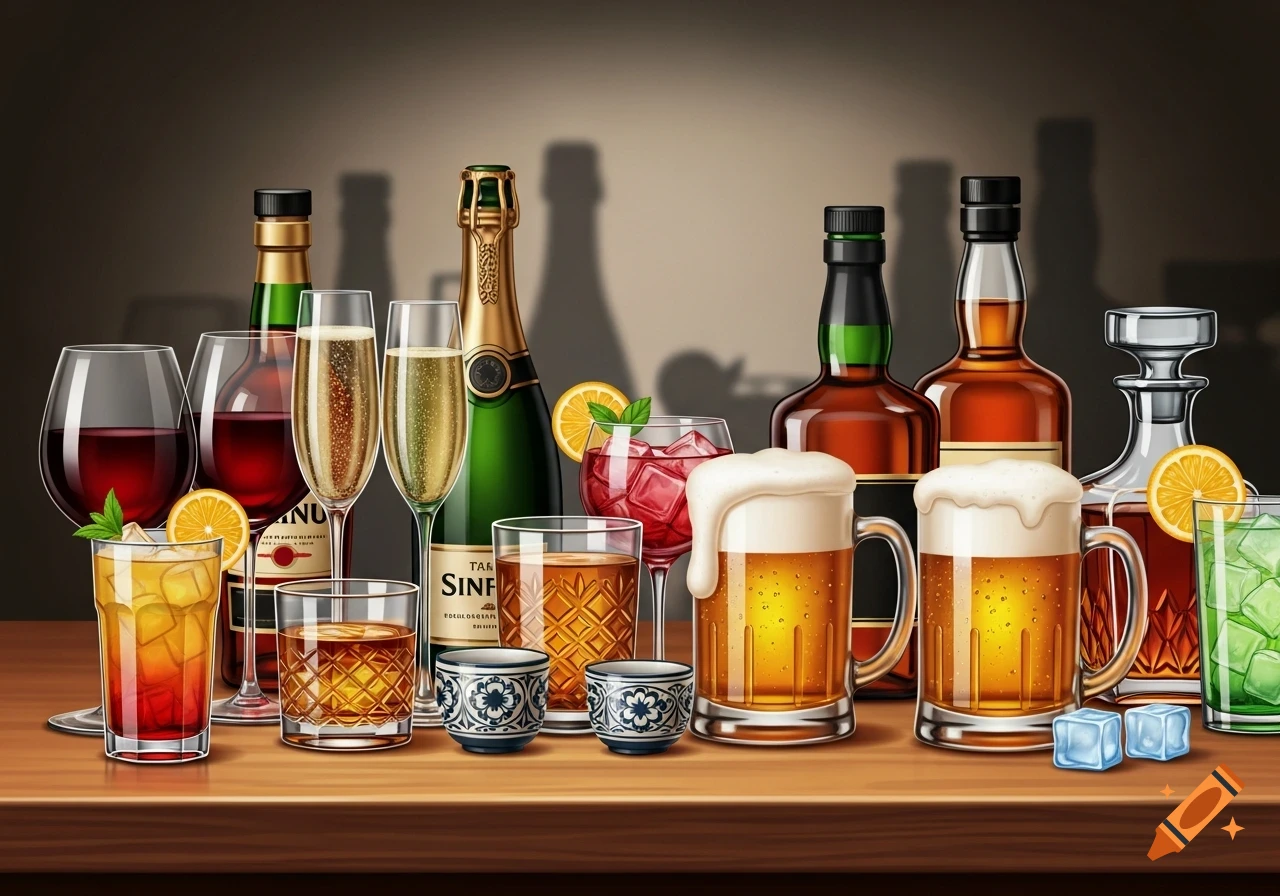 A variety of alcoholic beverages including wine, champagne, cocktails, beer, and spirits in a photorealistic style on a wooden counter.