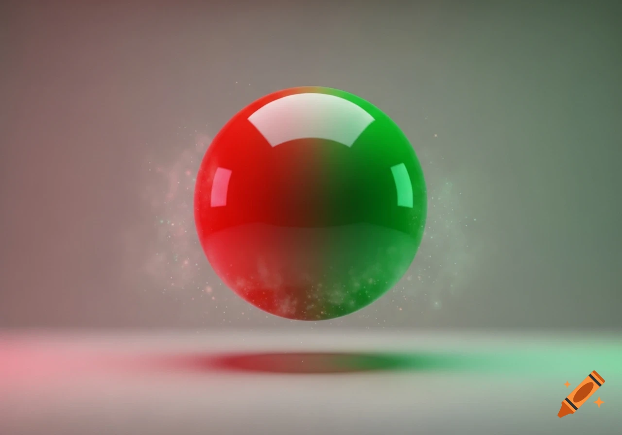 A glossy red and green gradient sphere with bright reflections floats above a surface, casting a shadow and reflecting light.