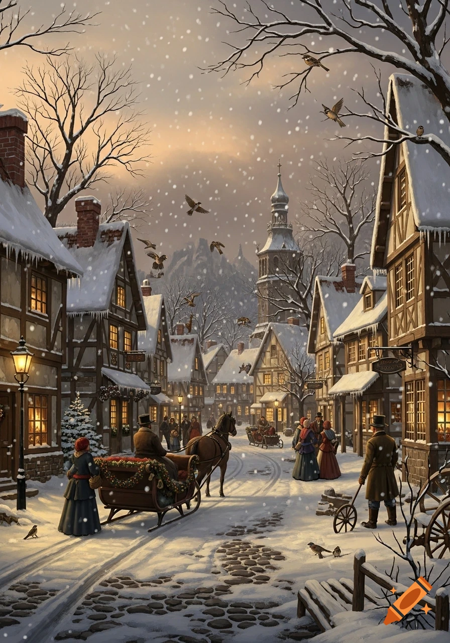 A snowy village scene in Anton Pieck style, with people, horse-drawn sleighs, and glowing windows under a twilight sky.