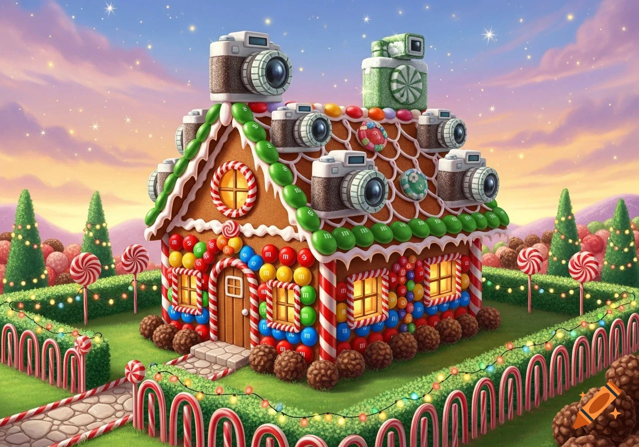 Whimsical gingerbread house decorated with colorful M&M candies and cameras, surrounded by lollipops and candy canes under a starry sky.
