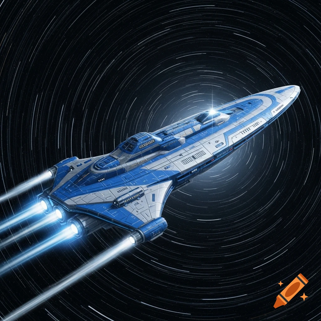 A sleek blue and white spaceship with bright thrusters flying through a swirling starfield in space.
