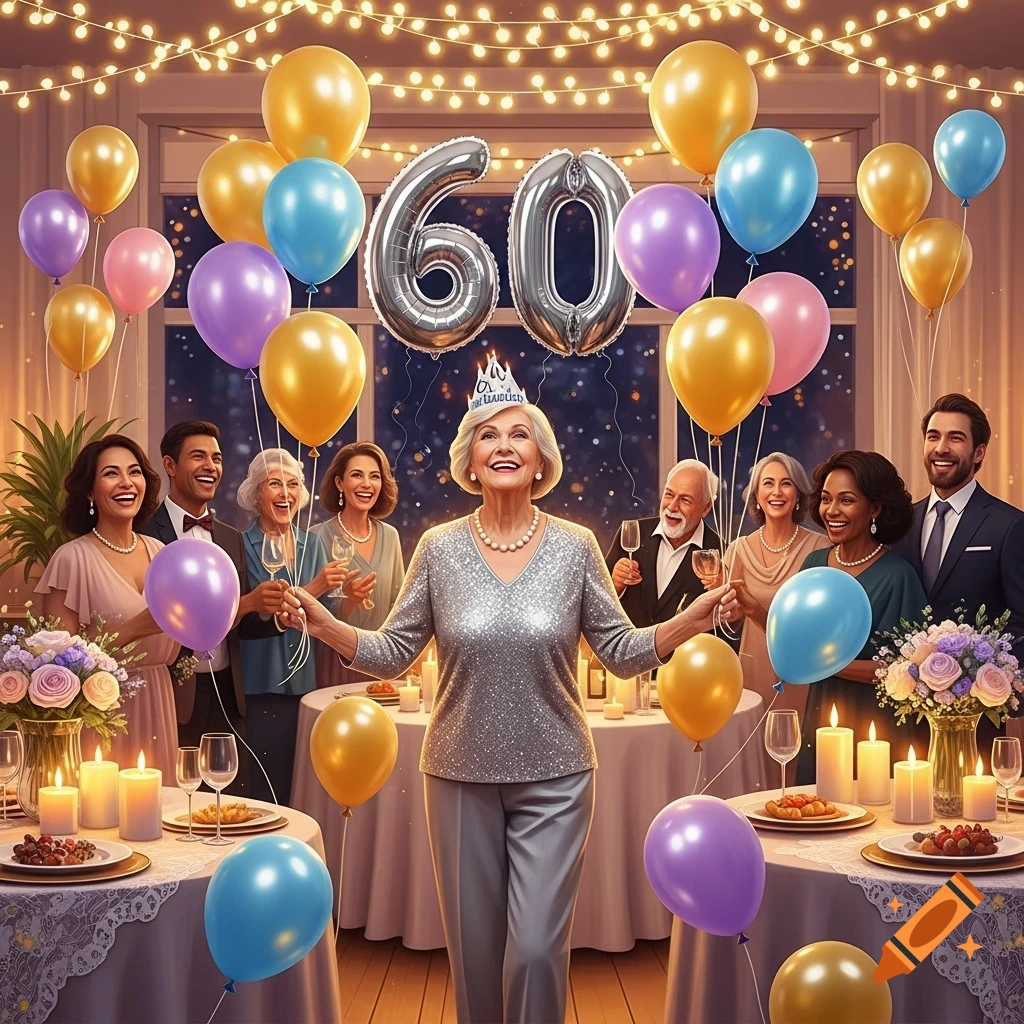 A smiling elderly woman in a sparkly top and party hat stands at the center of her 60th birthday party, surrounded by friends, balloons, candles, and food. The scene is festive and joyful.