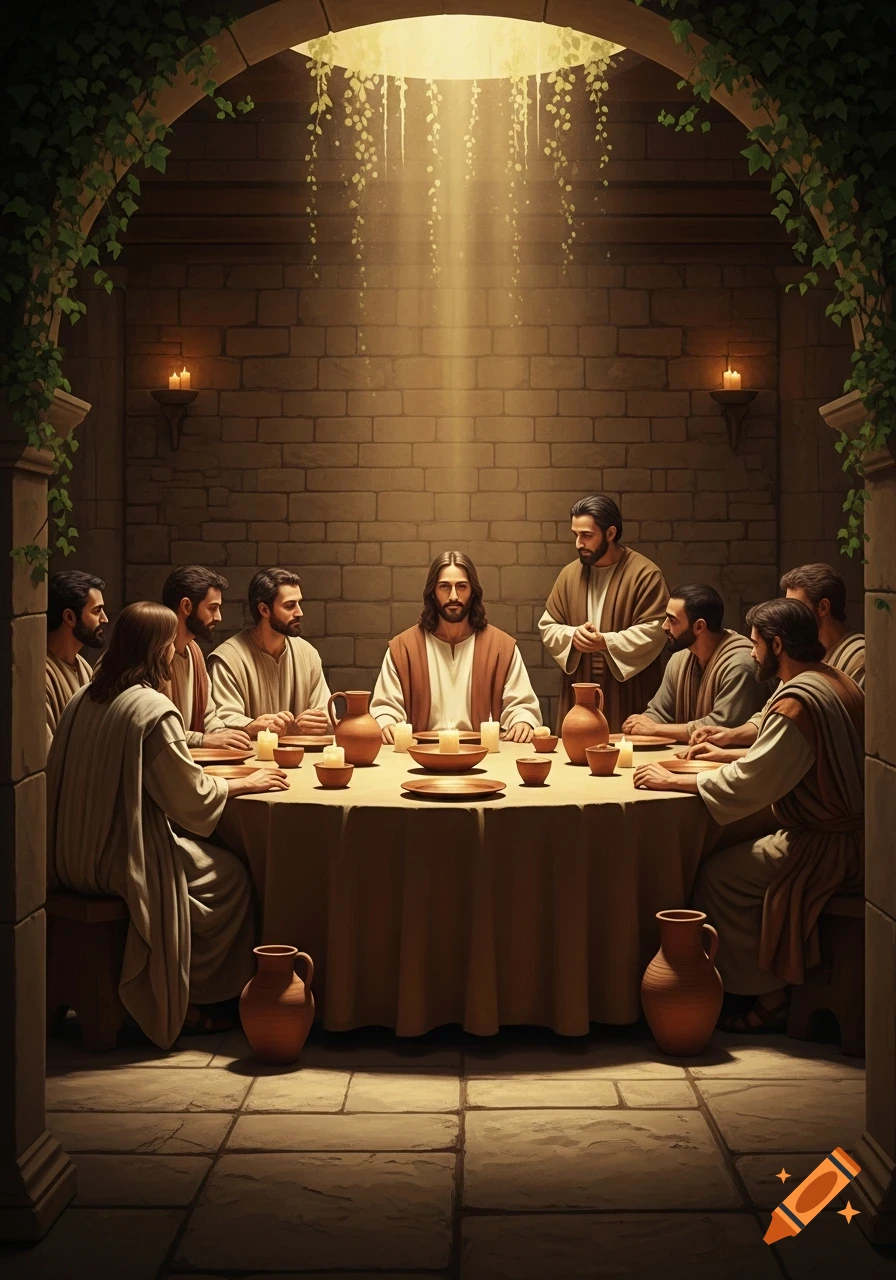 Jesus and his disciples gathered around a round table in an ancient stone room, illuminated by a divine light.