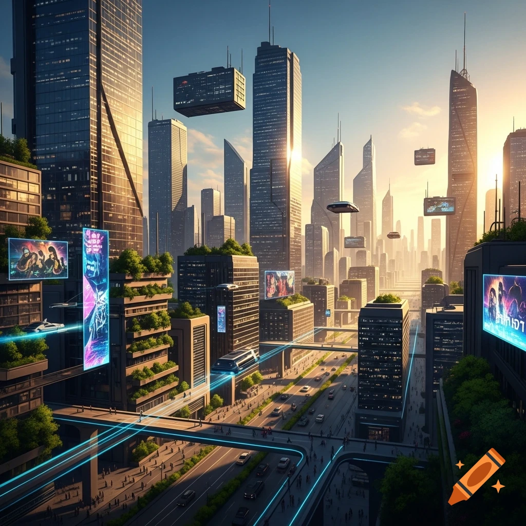 A sprawling futuristic city with towering skyscrapers, lush green rooftops, flying vehicles, and illuminated digital billboards under a golden sky.