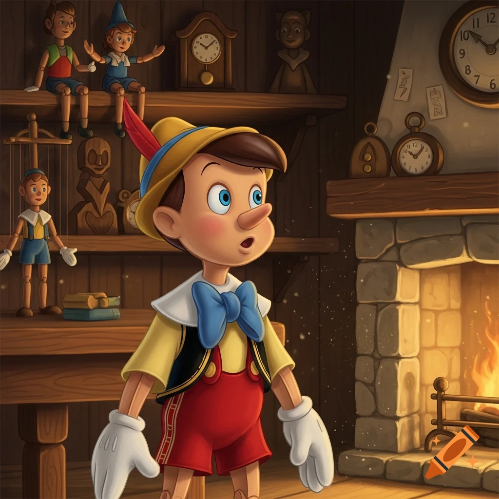 Cartoon illustration of Pinocchio, wide-eyed, in a cozy wooden workshop with other puppets and a crackling fireplace.