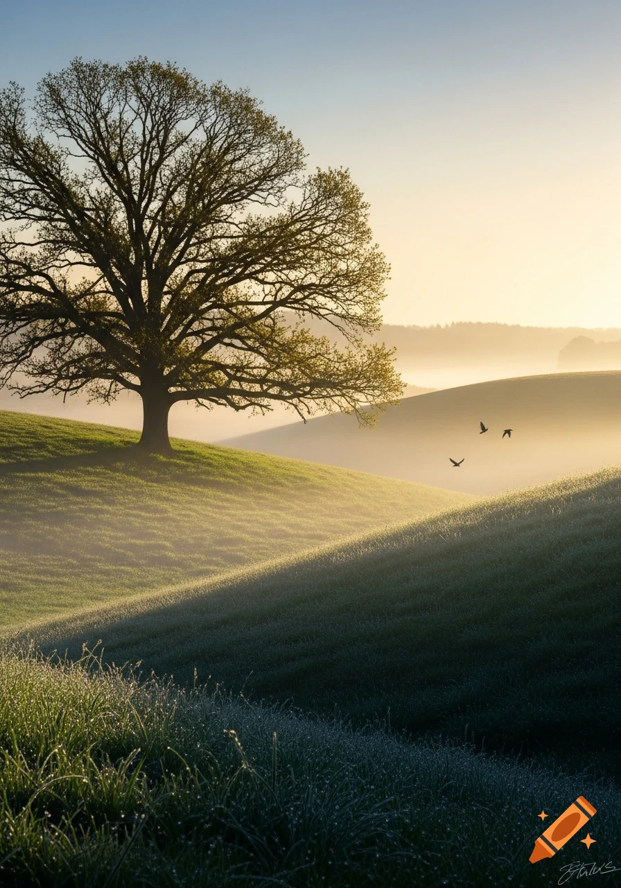 A large tree stands on a misty, rolling green hill at sunrise, with birds flying in the golden light.