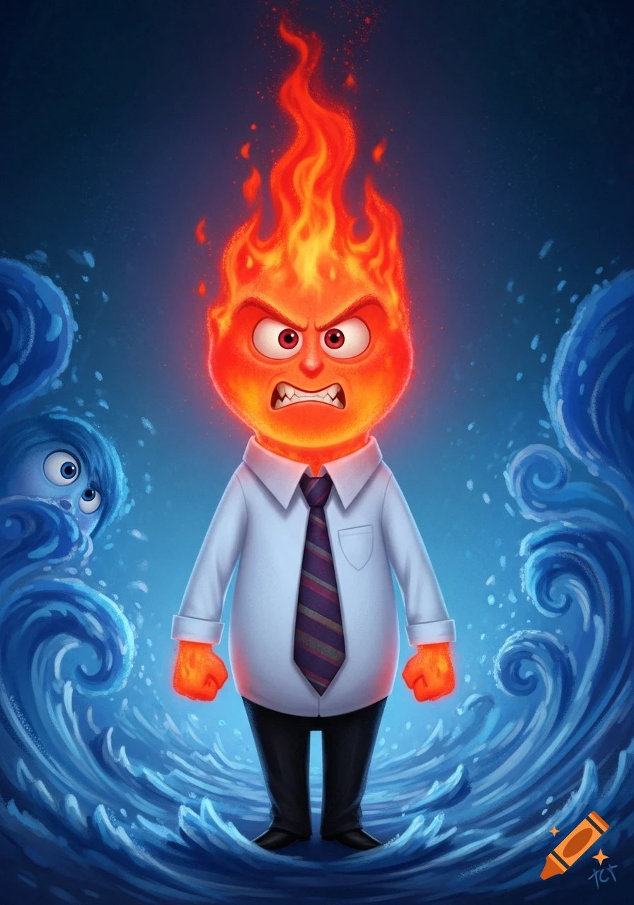 Angry cartoon character from Inside Out with a fiery head, standing amidst blue waves as Sadness peeks from the left.