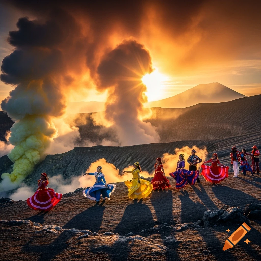 People in colorful traditional dresses dance on a volcanic landscape with an erupting volcano and a fiery sunset.
